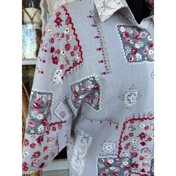 Vintage 70's Tapestry Cotton Blend Button Blouse Gred Red Floral XL - Picture 7 of 12